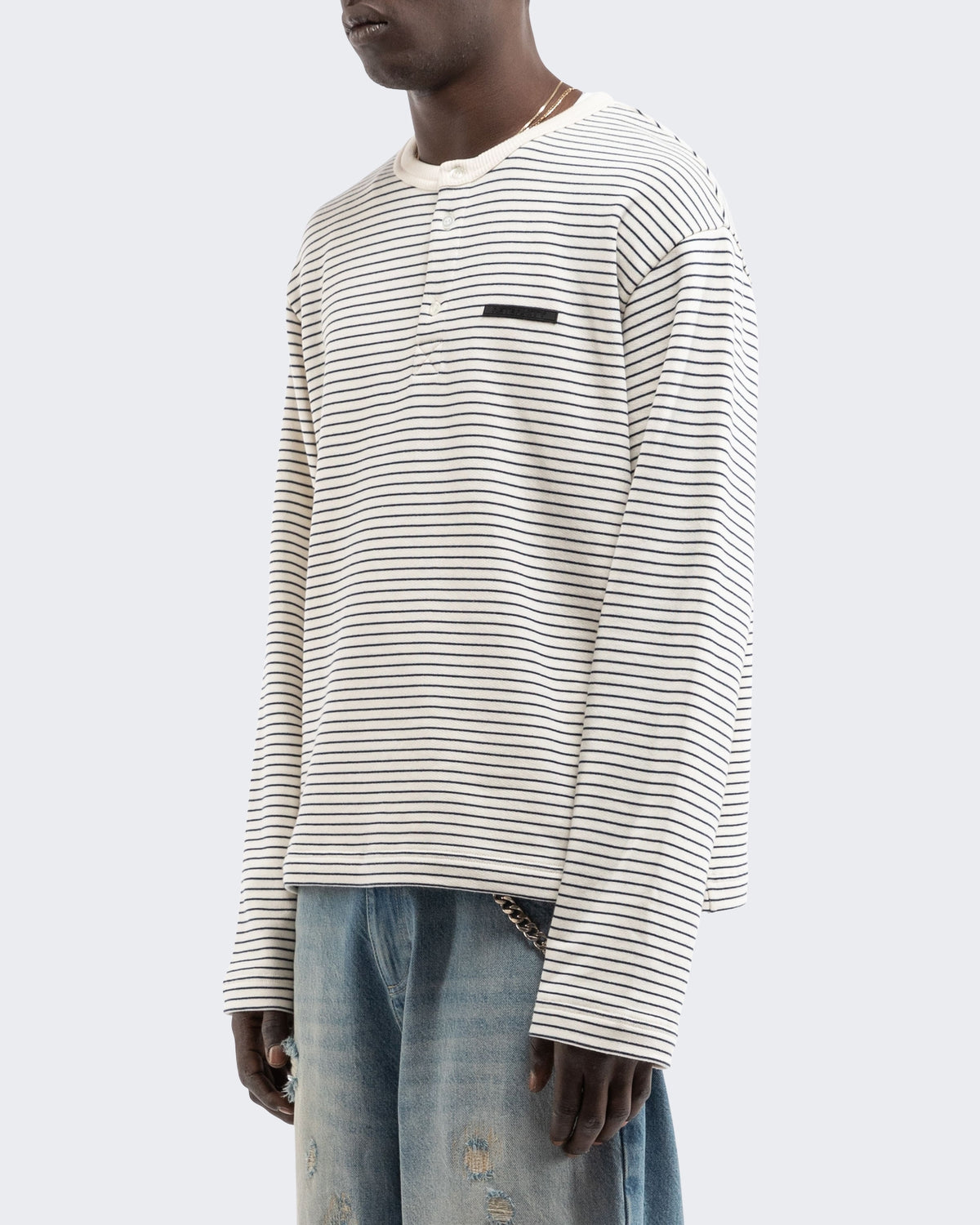 Men's Henley Stripe Longsleeve Off White/Navy