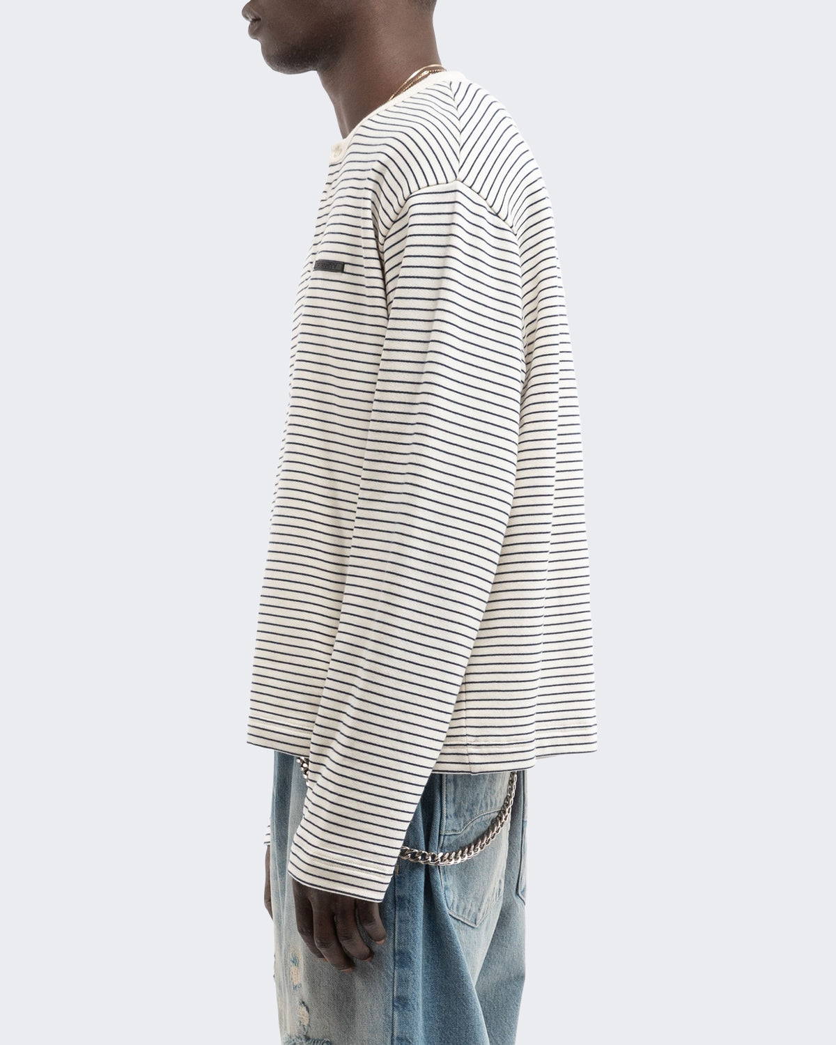 Men's Henley Stripe Longsleeve Off White/Navy