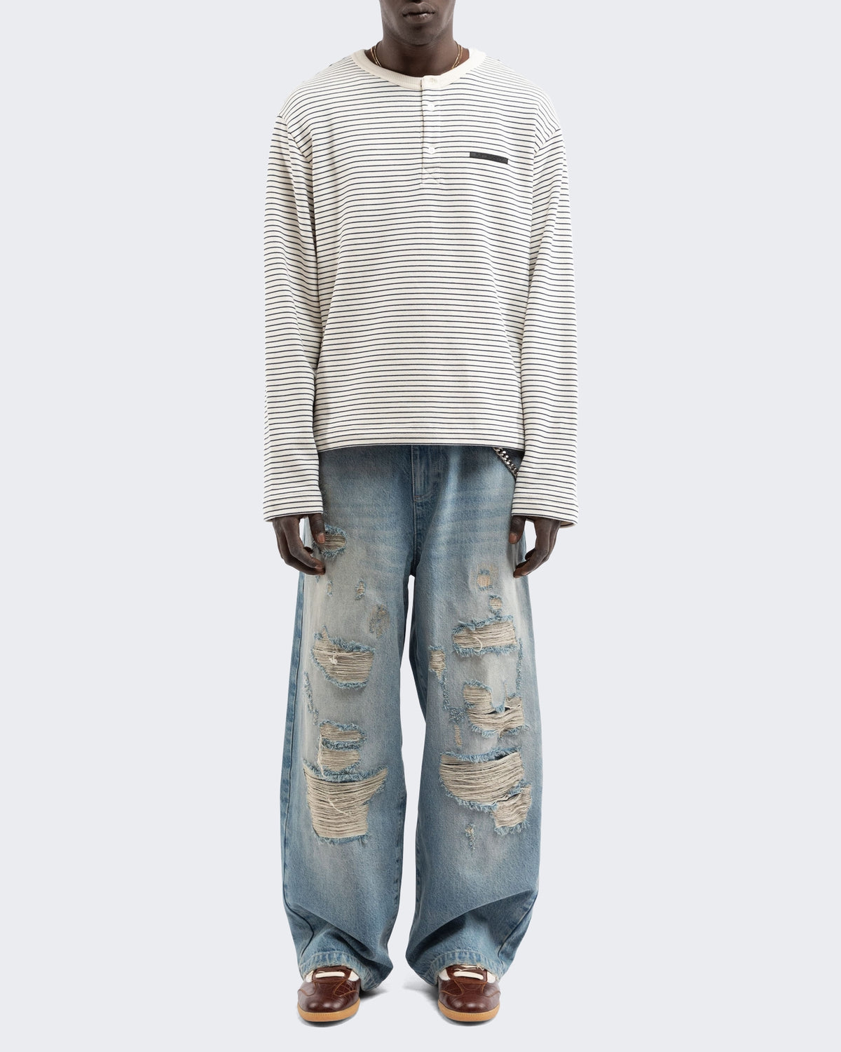 Men's Henley Stripe Longsleeve Off White/Navy