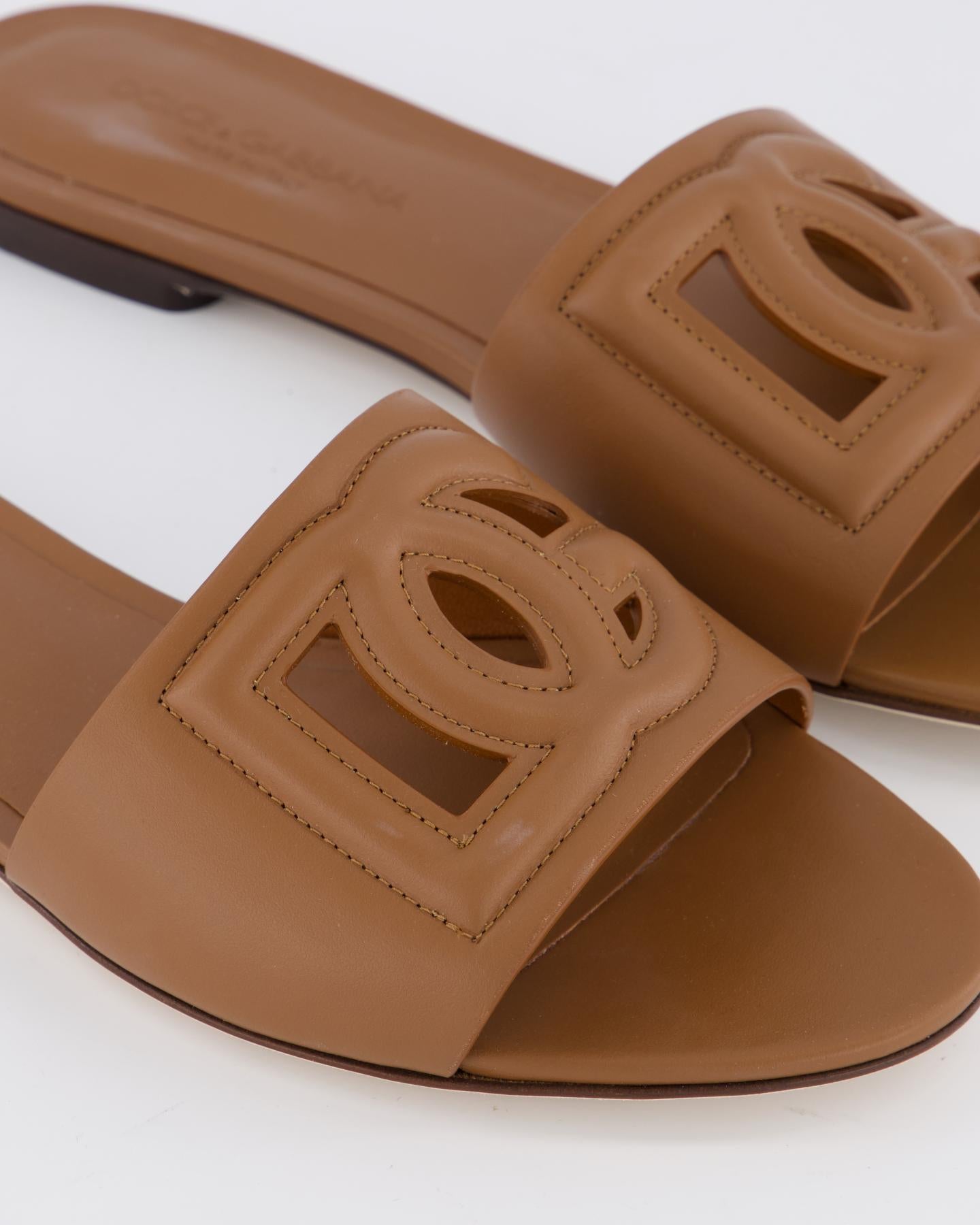 Women's D&G Logo Flat Slides Brown