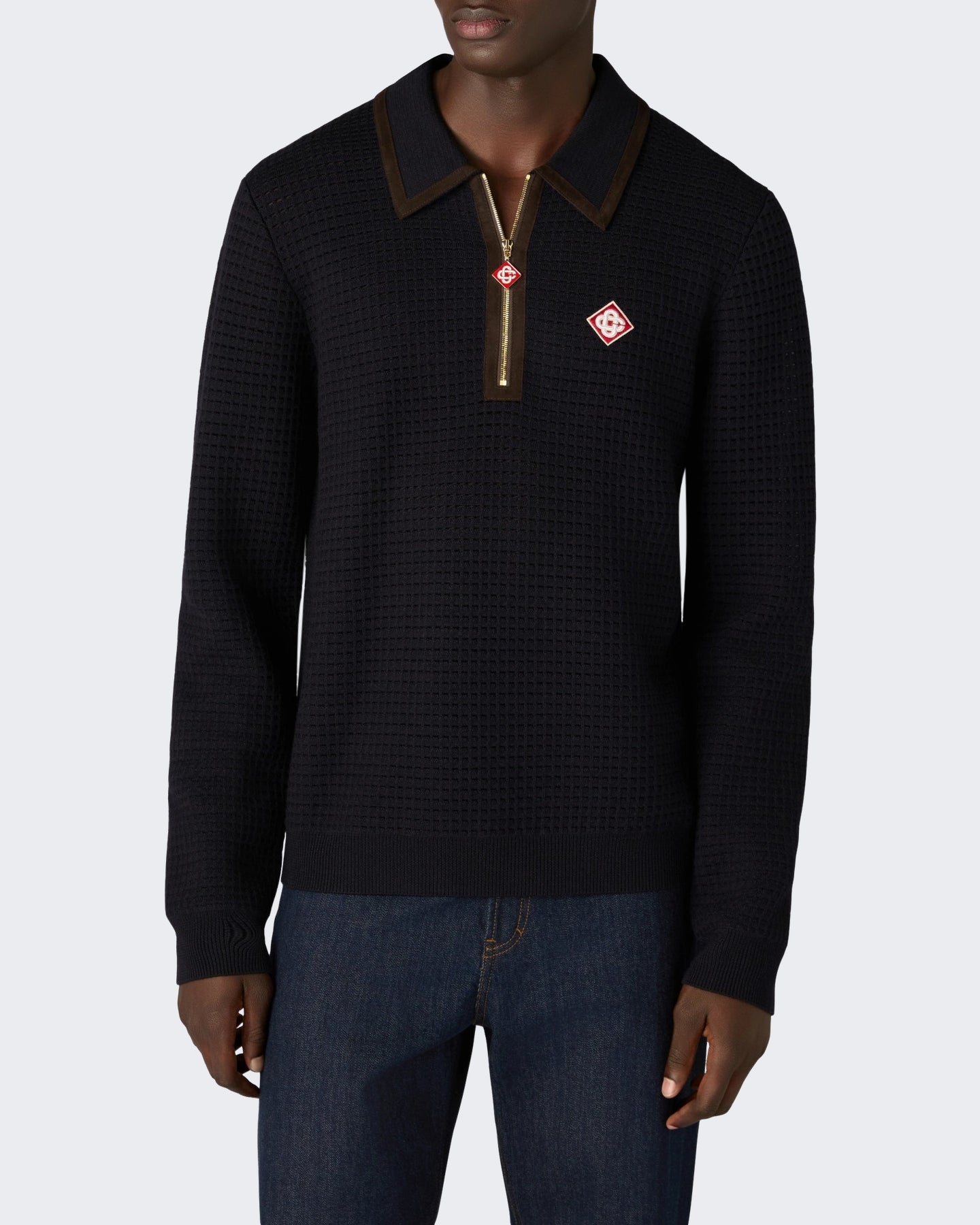 Casablanca Heren Waffle Stitch Ls Polo Shirt Blauw - Eleganza.nl
