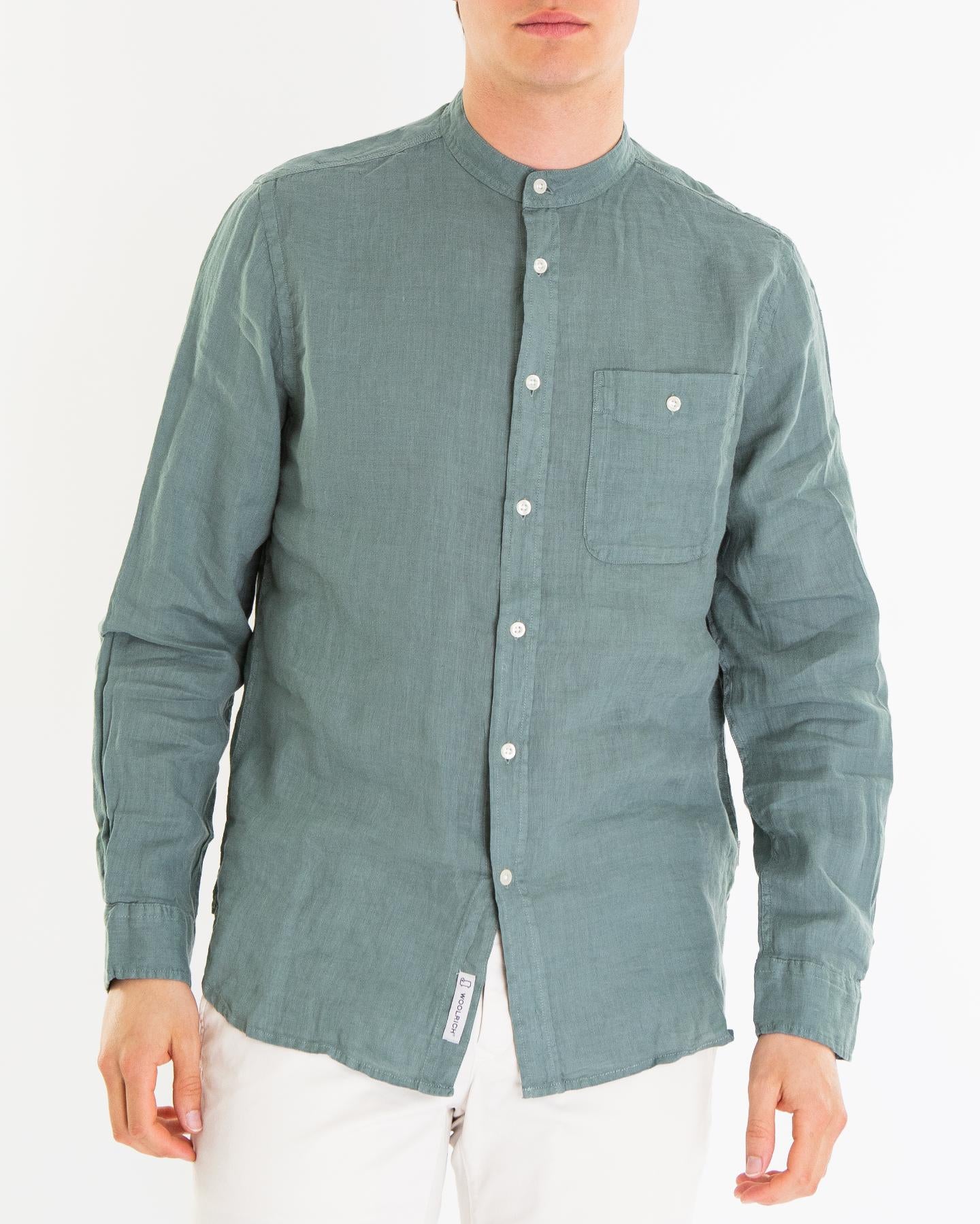 Heren Band Collar Linen Shirt Groen