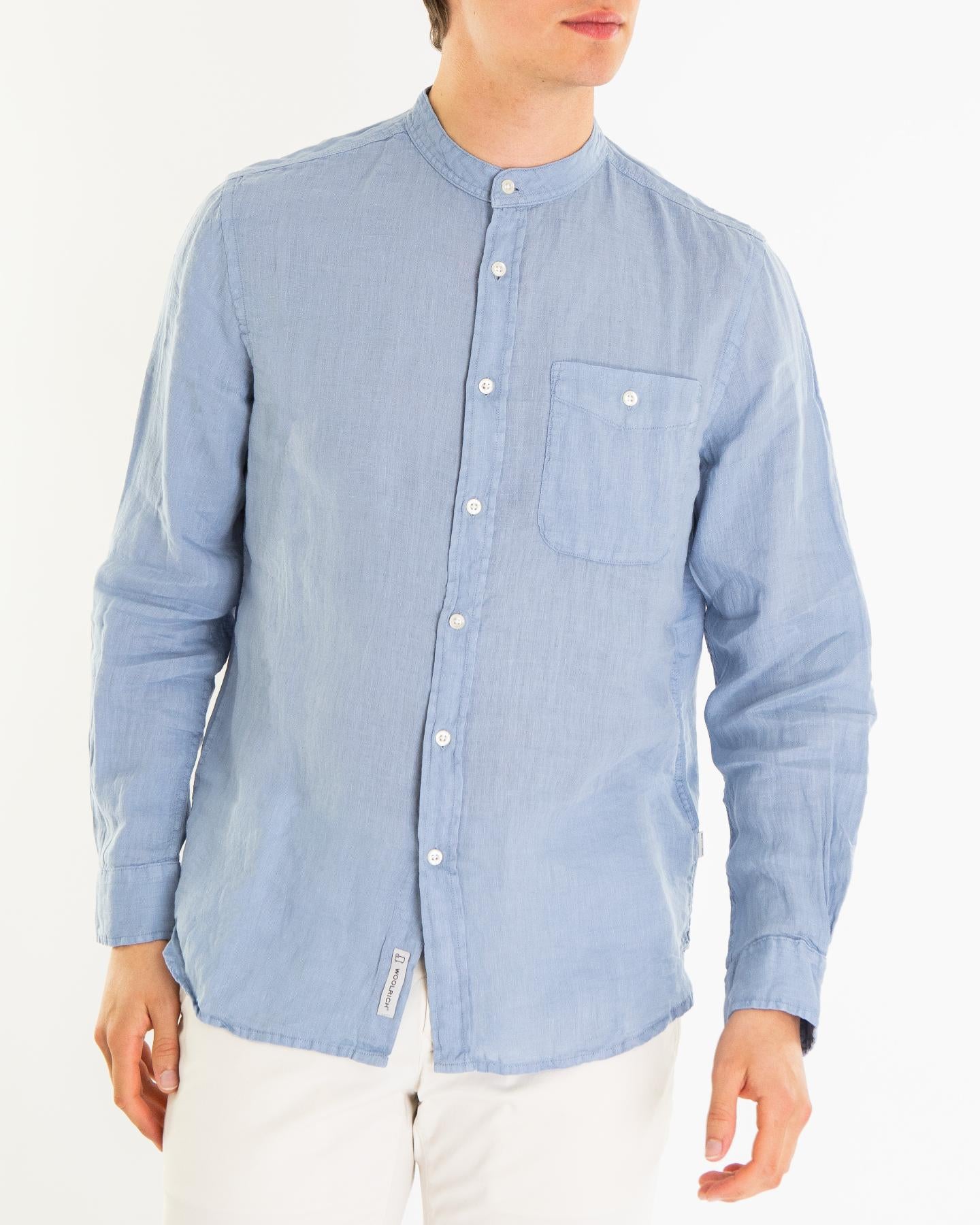 Heren Band Collar Linen Shirt Blauw