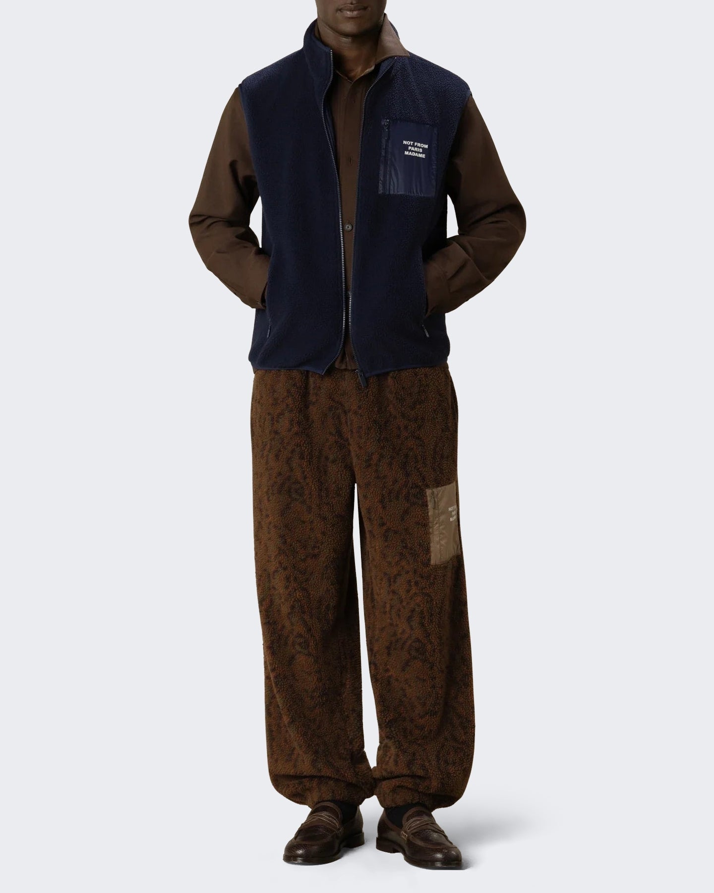 Drole De Monsieur Heren Mouwloze sherpa jack met slogan Blauw - Eleganza.nl