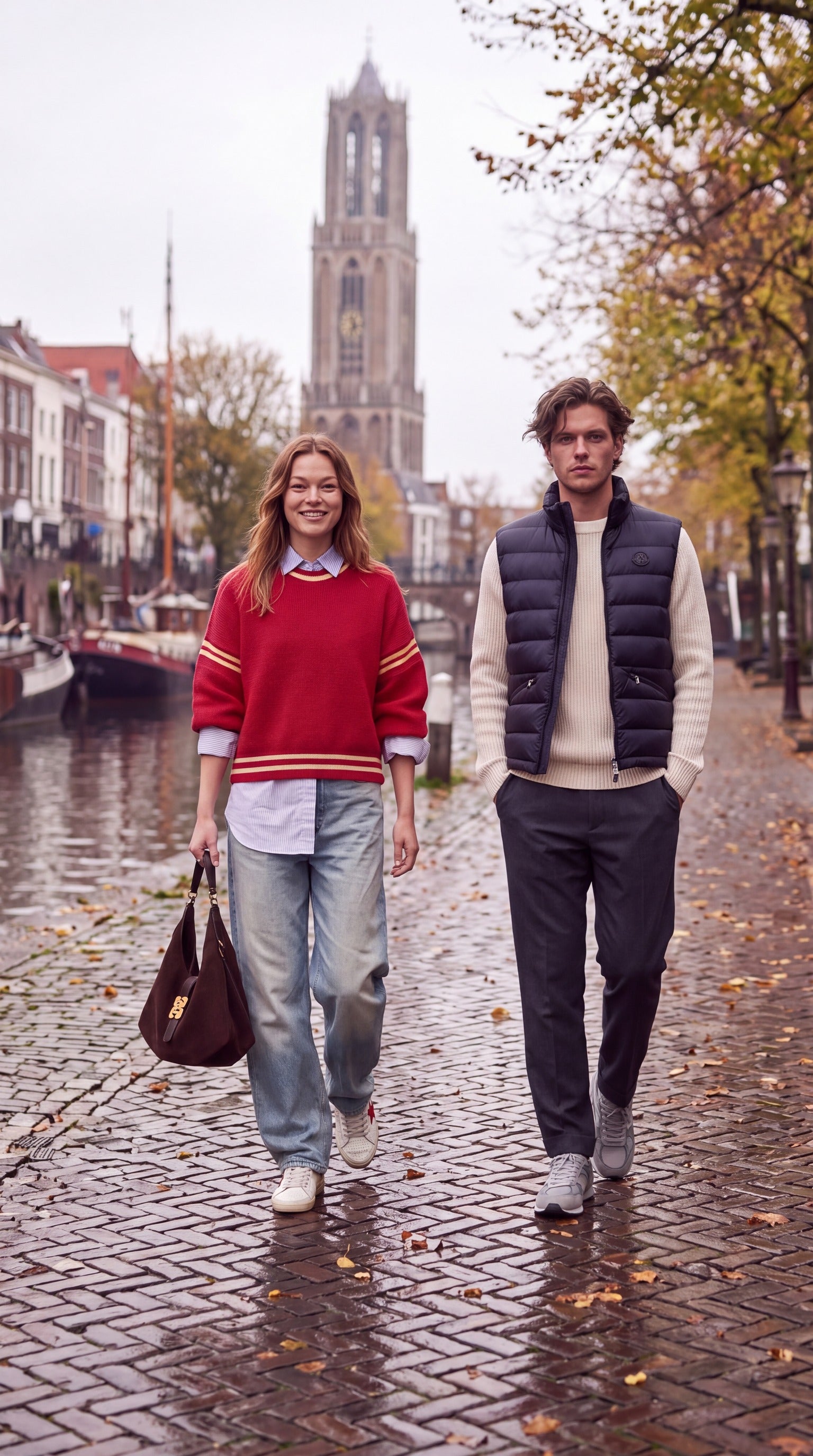 Vrouw en man wandelen langs de Oudegracht in Utrecht met de Domtoren op de achtergrond