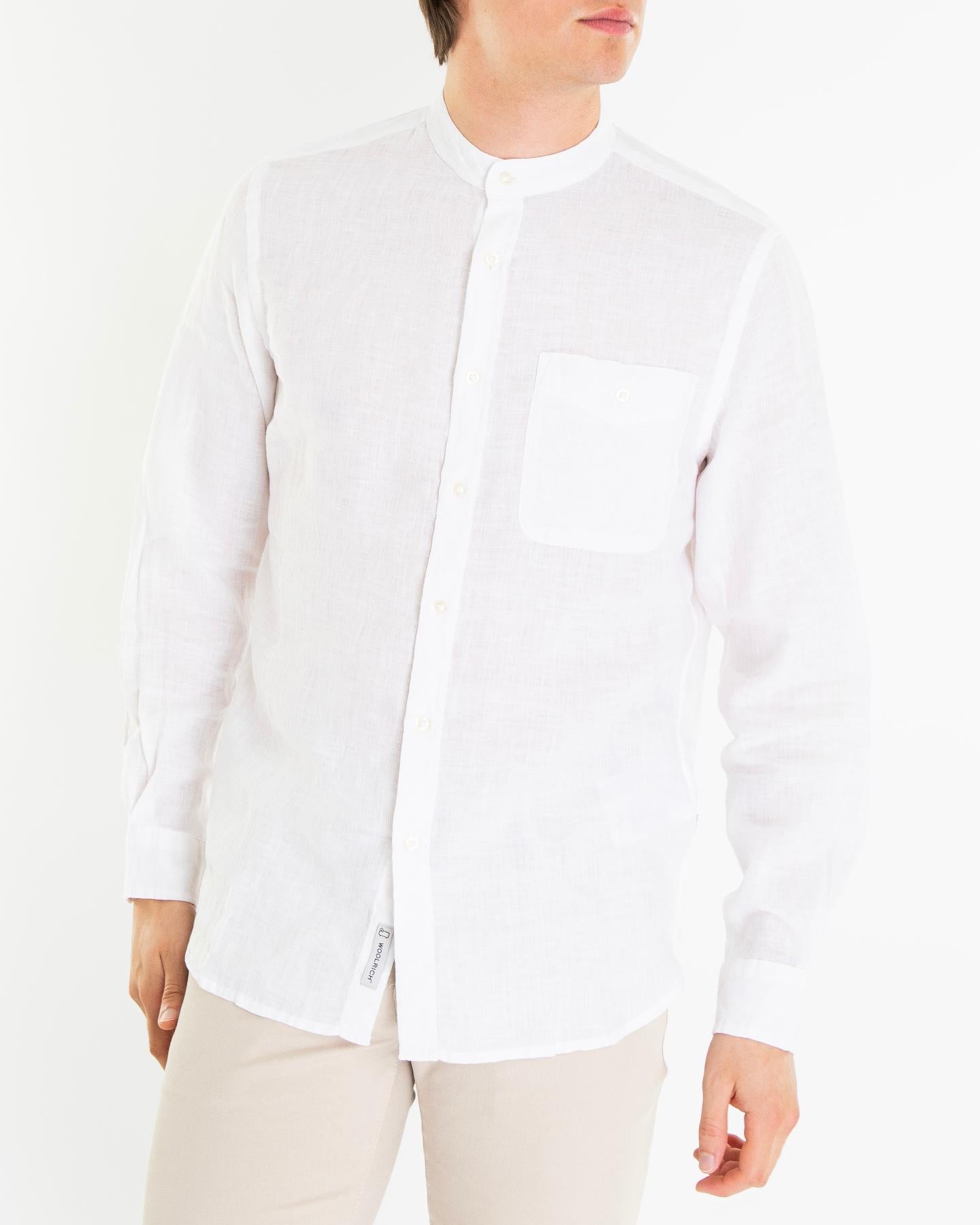 Heren Band Collar Linen Shirt Wit
