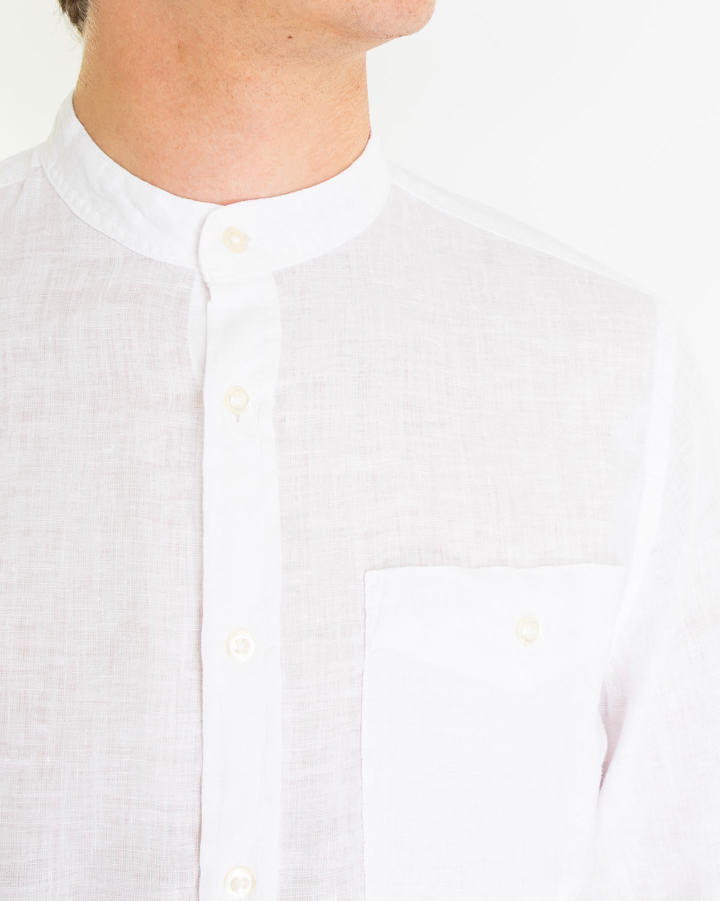 Heren Band Collar Linen Shirt Wit