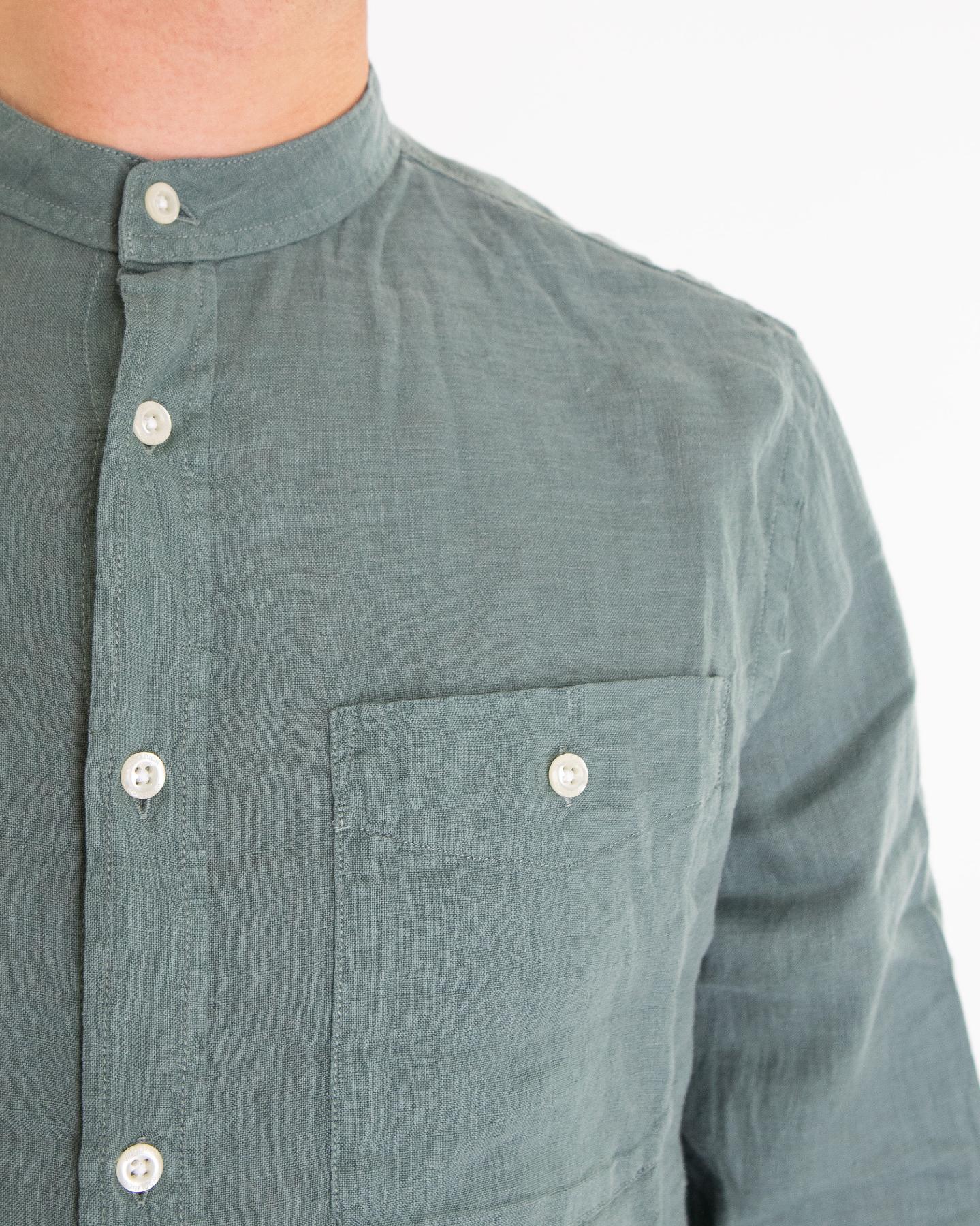 Heren Band Collar Linen Shirt Groen