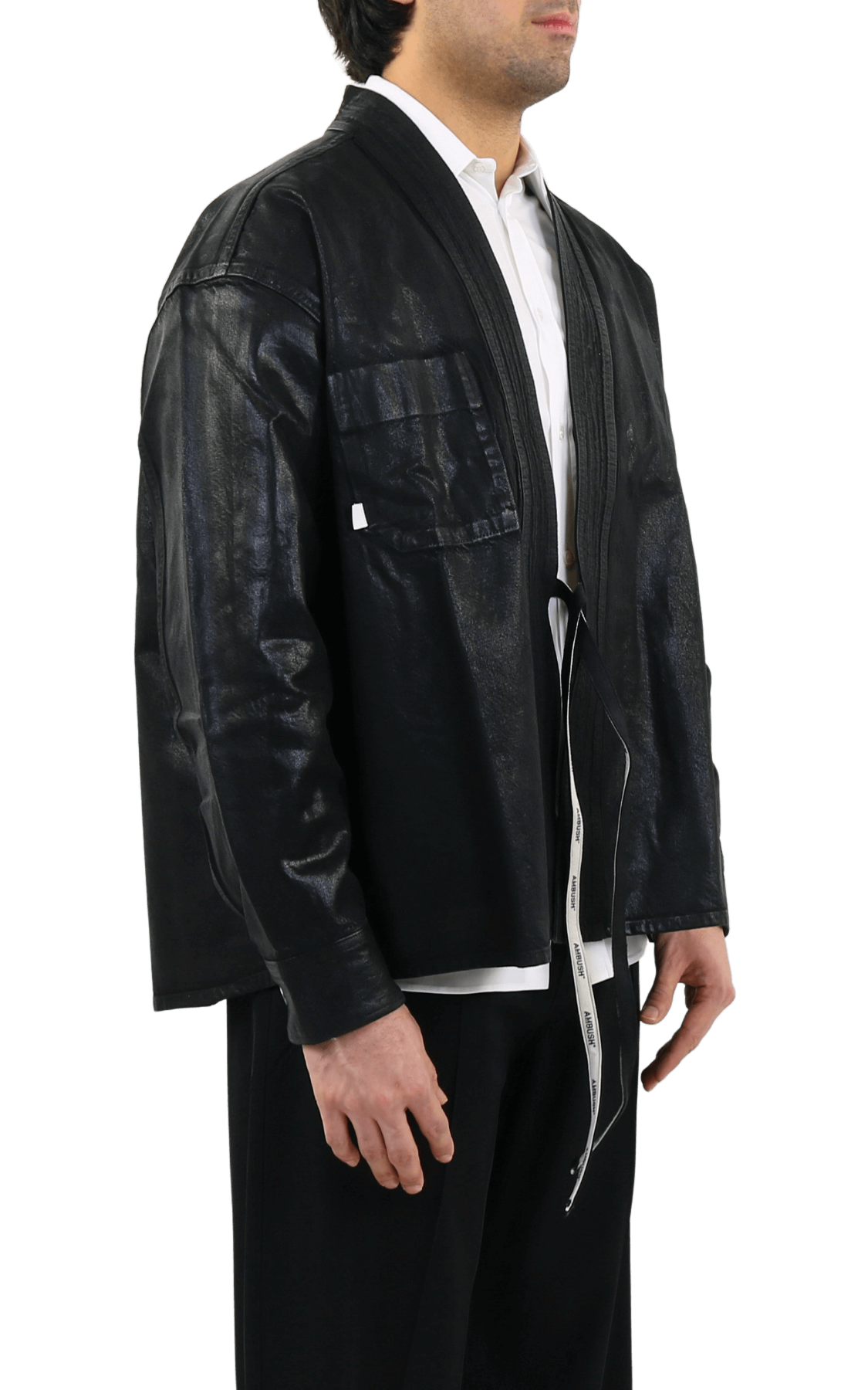 Men Coated Denim Kimono Shirt Blac