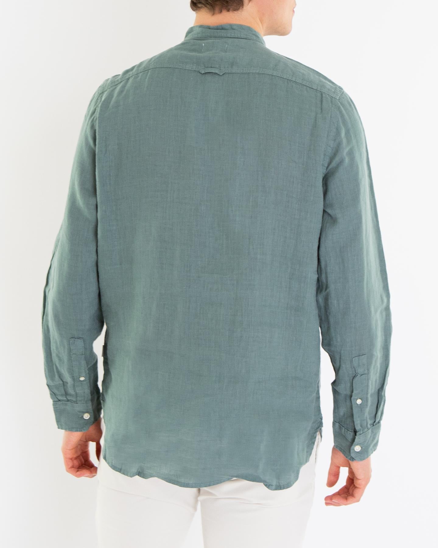 Heren Band Collar Linen Shirt Groen