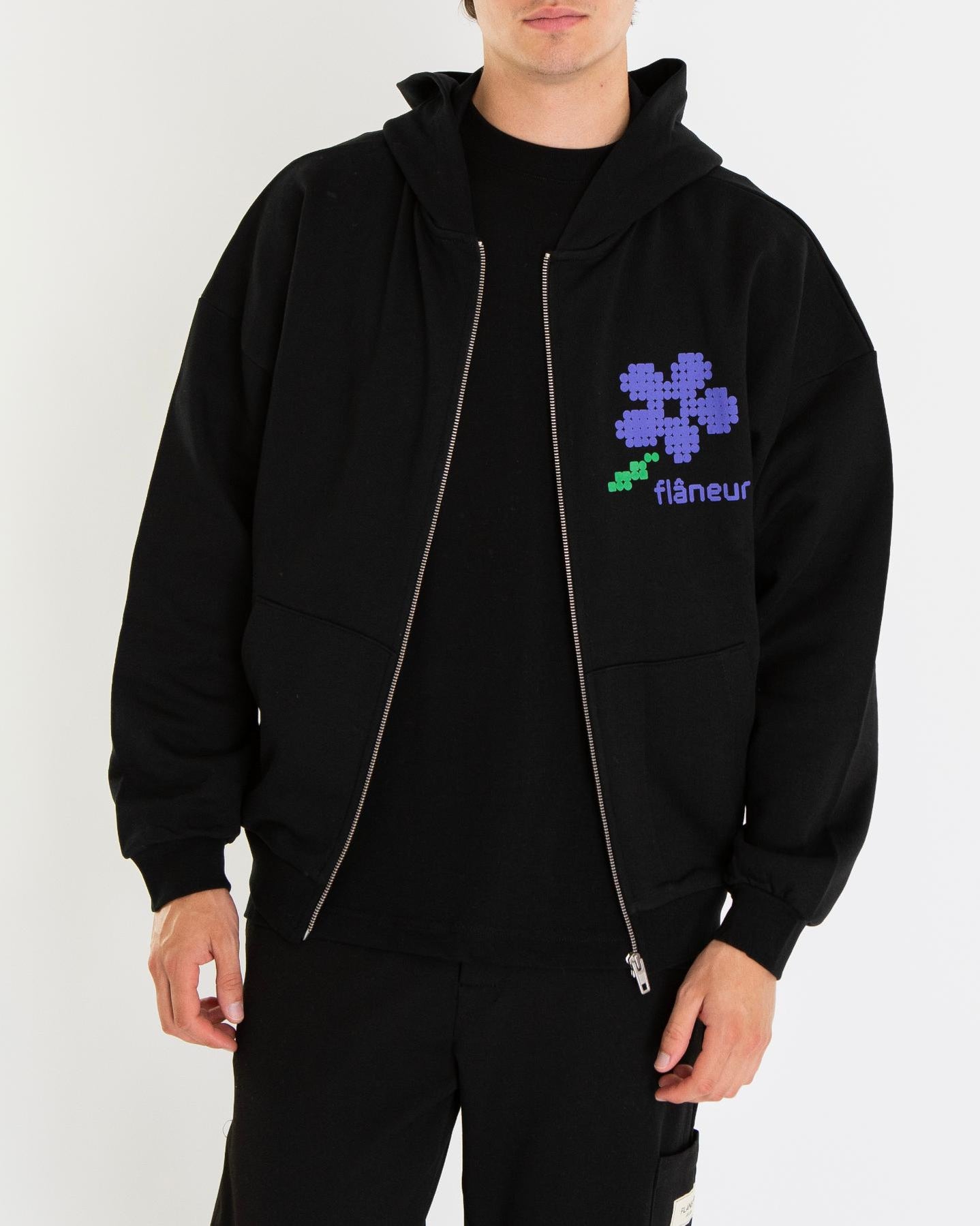 FLÂNEUR Heren Pixel Flower Zip-Up Zwart